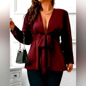 NEW! V-Neck, Tie Front Peplum, Long Sleeve Blouse